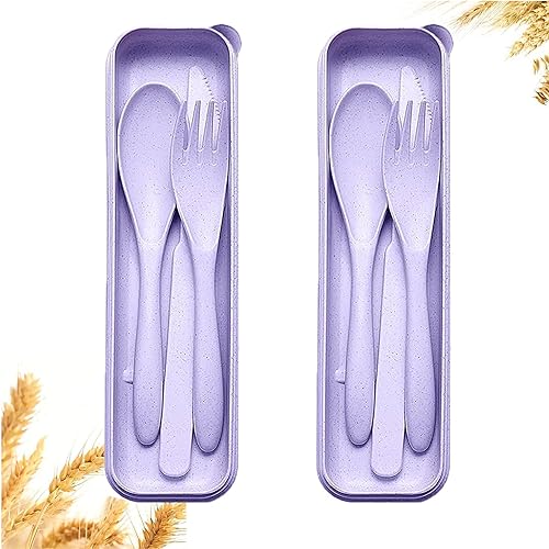 Reusable Travel Utensils Set with Case, 2 Sets Wheat Straw Portable Plastic Fork Spoons Knife Camping Cutlery, Eco-Friendly BPA Free Lunch Tableware for Adults Picnic Work or Daily Utensils (Purple) - color: Purple