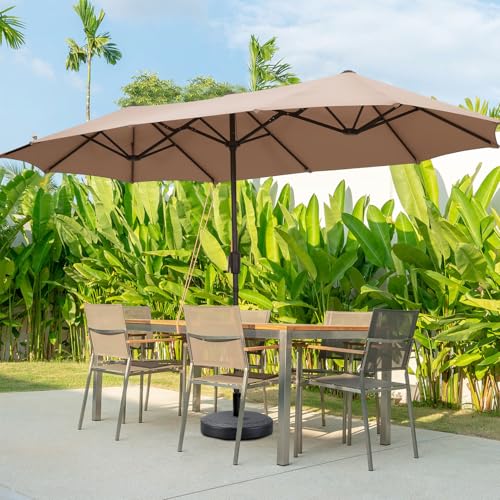 13Ft Large Patio Umbrella with Base Outdoor Double-Sided Market Extra Large Table Umbrella Easy Crank for Yard, Poolside, Deck-Khaki - color: Khaki, size: 13FT Umbrella+Base