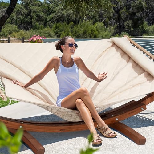 ANOW Heavy Duty Curved Wood Arc Stand with 2 Person Rope Hammock, 13.5FT Larch Wood Stand with 2 Chains, 4 Balance Ropes and 4 Carabiners, Includes Cream Hammock with Spreader Bars - color: Cream