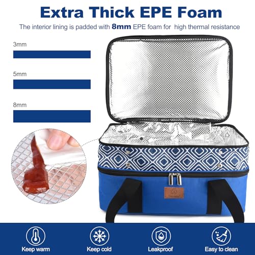 Genteen Insulated Casserole Carrier,Expandable Double Insulated Food Carrier for Hot and Cold Food, Fits 9x13 Casserole Dish,Lasagna Holder Tote for Parties Potluck Picnic (Blue)