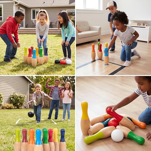 Lawn Bowling Games Wooden Backyard Yard Game Set with 10 Pins 3 Balls and Mesh Bag for Kids Adults Indoor Outdoor
