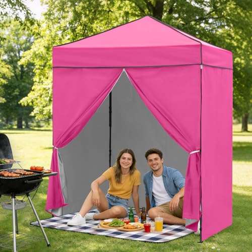 6x4 Pop Up Canopy Tent with Four Wall Panels, Instant Portable Beach Canopy, Outdoor Tent with Carry Bag for Camping, Sports, Tailgating, Events, Pink - color: Pink, size: With Four Walls