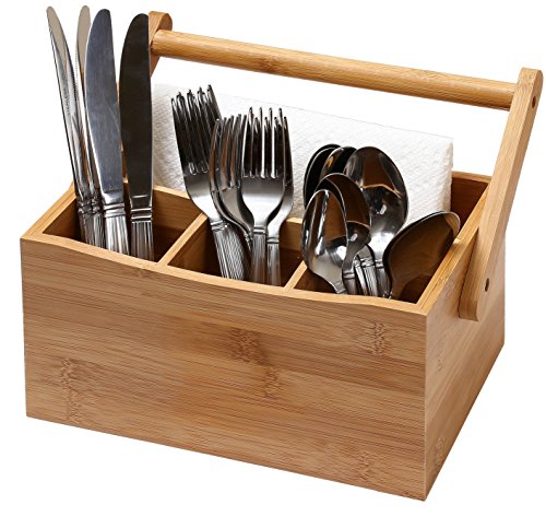 YBM HOME Bamboo Flatware Utensil Caddy with Napkin Holder and Handle, Wood Picnic Basket for Kitchen and Camping Trip, 336