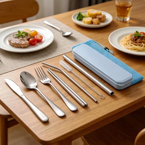 Travel Utensils with Case, Cutlery Set Portable Camp Reusable Flatware Silverware, 7 Pcs Stainless Steel Reusable Cutlery Set, Include Fork, Spoon, Knife, Chopsticks, 2 x Straws & Straw Cleaner Brush - color: Blue