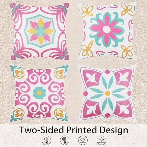 Pyonic Spring Summer Outdoor Pillows Waterproof Throw Pillow Covers Set of 4 Pink Green Floral Printed and Boho Farmhouse Outdoor Pillow Covers for Patio Funiture Garden 18x18 Inch - color: Pink, size: 18" x 18" (Pack of 4)