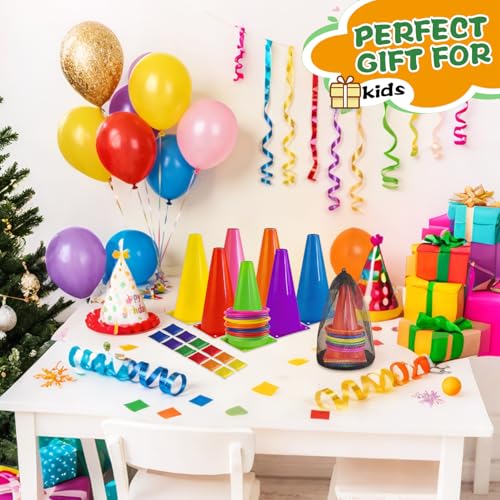 3-in-1 Ring Toss Game Set with Cones, Bean Bags and Rings, 34 Pieces, Multicolor Plastic Carnival Games for Kids Birthday and Family Party, Outdoor Yard Game
