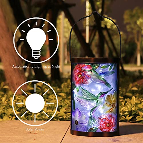 Hanging Solar Lantern Outdoor Waterproof LED Hummingbird Solar Lights Outdoor Decorative Solar Lanterns Tabletop Lamp for Patio Garden Yard Decor - style: Hummingbirds-Flowers