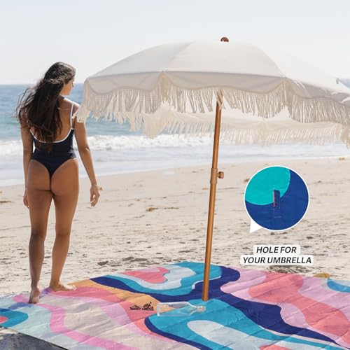 AMMSUN Boho Fringe Umbrella with Beach Blanket, 6.5ft UPF50+ Picnic Umbrella with Tassels with Steel Pole & Push Button Tilt, Antique White - color: Antique White with Colorful Blanket
