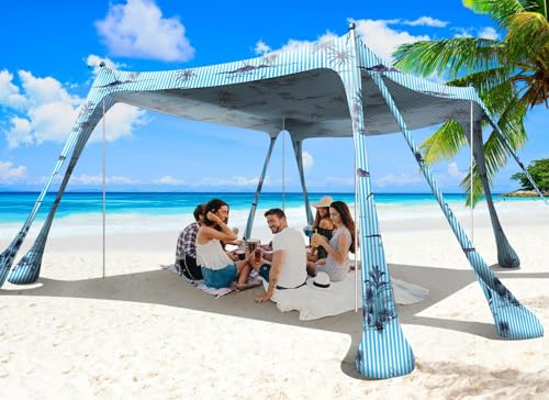 Beach Tent Sun Shelter 10x10ft Beach Canopy Easy Pop Up Sun Shade Portable UPF50+ with 8 Sandbags-2 Sand Shovel-4 Aluminum Poles-Ground Pegs for Outdoor Family Camping Fishing Backyard Picnic - color: Coconut Tree, size: 10x10 FT 4 Pole