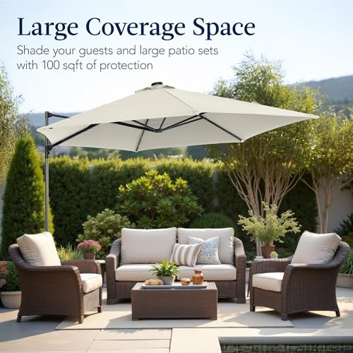 Best Choice Products 10ft Solar LED Offset Cantilever Hanging Market Patio Umbrella, Smooth 360° Rotation, 8 Sturdy Ribs, Easy Adjustment - Ivory - color: Ivory, size: Offset w/ 360° Rotation