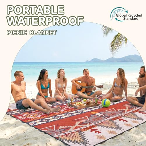Genovega Waterproof Picnic Blanket Outdoor Camping Beach Mat Rug Extra Large Foldable Essential Roadtrip Gadget Rv Accessories Glamping Tent Gear Must Haves Hiking Stuff Backpacking Necessities Gift - color: Boho Brown, size: 6'8" x 6'8" (Square)