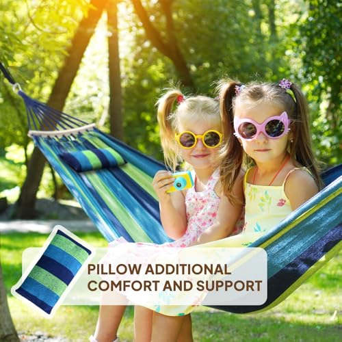 Chihee Cotton Hammock Holds Up to 660lbs Fabric Hammock 8.9x4.9ft Soft Portable Tree Hammocks Camping with Detachable Spreader Bar Pillow 2 Strong Webbings 2 Carabiners Indoor Outdoor Backyard Garden - color: Blue/Green Stripes, size: 270x150cm