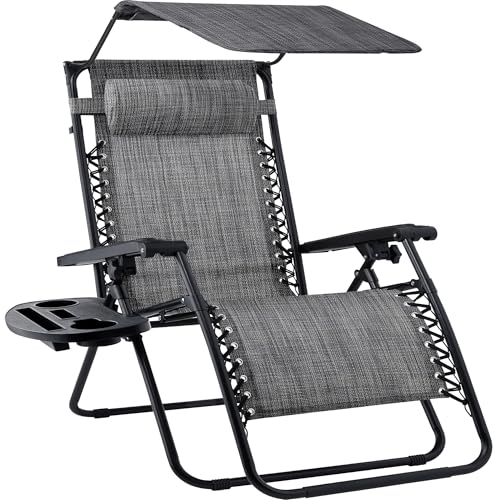 Best Choice Products 30” Wide Folding Zero Gravity Outdoor Recliner Patio Lounge Chair w/Adjustable Canopy Shade, Headrest, Side Accessory Tray - Gray - color: Grey, size: Oversized Extra Wide