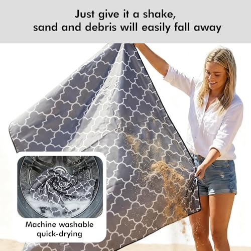 Beach Blanket Waterproof Sandproof, 79 x 79in Large Beach Mat for 1-3 Adults, Quick Drying Lightweight Durable Outdoor Picnic Mat with Stakes for Travel Camping Hiking (Grey)