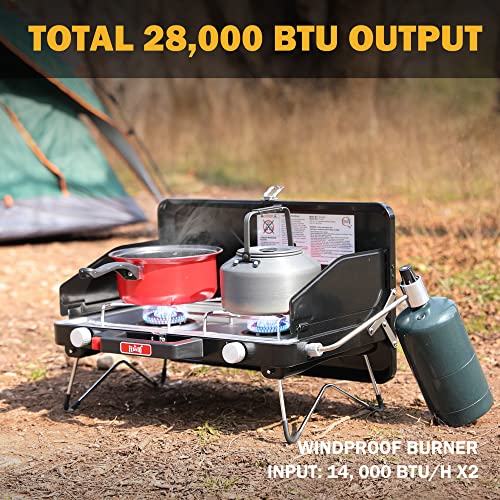 Feasto 2 Burner Propane Camping Stove with Folding Legs, Outdoor Portable Camp Stove with Push-Button Ignition & Wind Guards for Camping, Tailgating, BBQ, & More, Black - color: Black