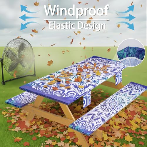 Fitted Waterproof Picnic Table Cover with Bench Covers Elastic Stain Resistant Camping Table clothes for 6Feet Rectangle Tables Outside Parties Necessities Gift Travel Trailers Trips Rv Things - color: Blue Mandala Flower, size: 72" x 30" (Rectangular)