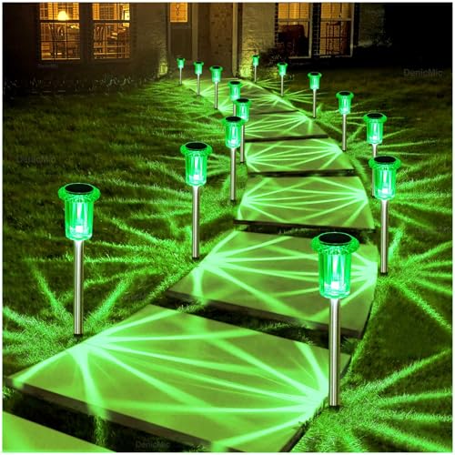 DenicMic Solar Lights Outdoor 10 Pack Waterproof Green LED Stainless Steel Stake Outside Lights for Yard Pathway Garden Driveway Walkway Landscape Path Lighting - color: Green 10Pack