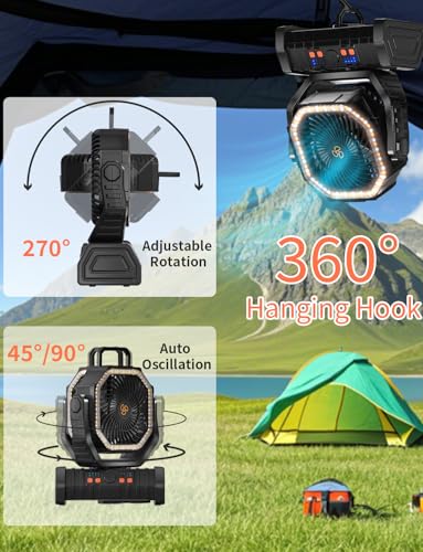 Battery Operated Fan Portable Battery Powered Outdoor Camping Tent Fan with LED Lantern Light 20000mAh Rechargeable, Oscillating, 360° Rotating Hanging Hook, Cordless USB Desk Fan(Black)