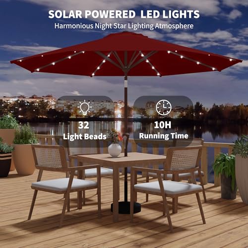 Kingdura 9FT Outdoor Patio Umbrella with Solar Lights, Market Table Umbrella with Push Button Tilt & Crank, 8 Sturdy Ribs, 32 LED Lights, UV Protection for Garden Lawn Deck Backyard Pool (Dark red) - color: Dark red-LED, size: 9 Ft
