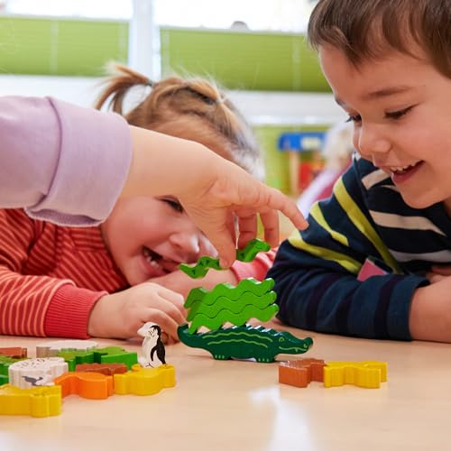 HABA Animal Upon Animal Game - Classic Wooden Tower Stack Game for Kids and Adults, STEM & Dexterity Party Activity for Ages 4+, Compact On the Go Edition