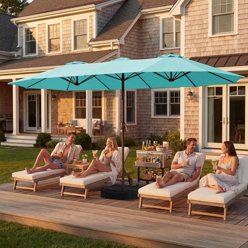 JEAREY 15ft Large Patio Umbrella with Base, Outdoor Rectangle Umbrella Double-Sided Market Umbrella with Stand for Pool, Deck, Backyard and Garden, Peacock Blue - color: Peacock Blue