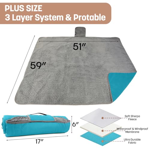 Tirrinia Waterproof Outdoor Blanket with Sherpa Lining, Windproof Triple Layers Warm Comfy Foldable for Camping Stadium, Beach, Picnic, Grass, Concerts, Car, Dog, 51''X 59'' & 59''X 80'' - color: Aqua/Grey, size: 51” x 59”