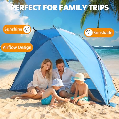 Chihee Beach Tent for 1/2/3 Person, Portable Camping Sun Shelter with Extended Floor, UV Protection Silver Coated Canopy, Privacy Changing Option, Wind Resistant with Sandbags, Lightweight Beach Shade