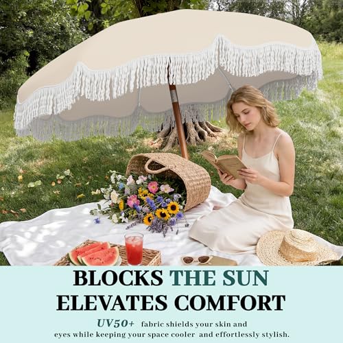 AreShark 7ft Patio Umbrella with Fringe, UPF50+ Beach Umbrella for Table, Pool & Garden, Portable Outdoor Tassels Umbrella w/Fiberglass Ribs&Push Bottom Tilt(Ivory) - color: Ivory, size: 7FT