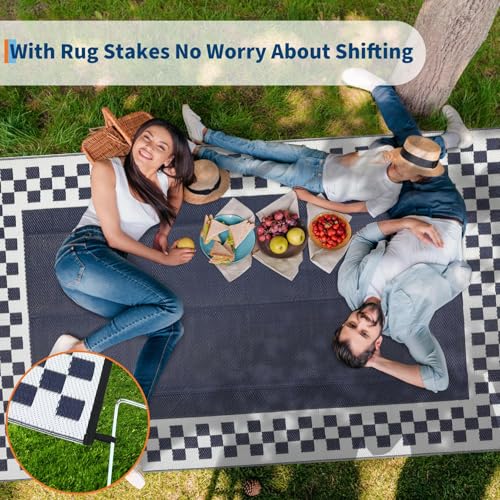 10x14 Large Outdoor Rug Waterproof Weather Resistant Patio Rug with Stakes & Carry Bag, Reversible Plastic Straw Modern Outdoor Carpet for Garden Backyard Balcony RV Mat Blue White - color: Border1|blue White, size: 10' x 14' (Rectangular)