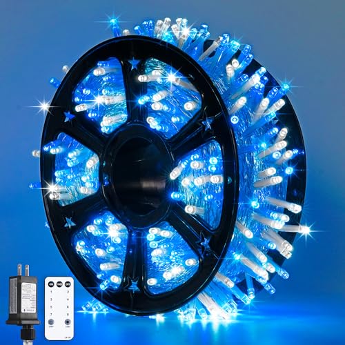 JMEXSUSS Blue and White Christmas Lights Outdoor with Remote, 168ft 600 LED String Lights Indoor Clear Wire Fairy Light Plug in for Bedroom Tree Birthday Party Xmas Decorations - color: Blue and White, size: 600 LED