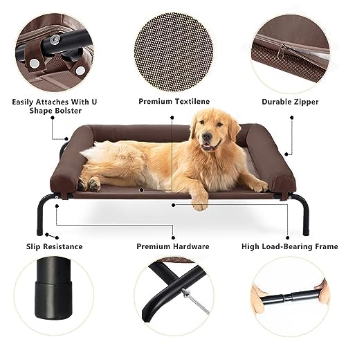 WESTERN HOME Cooling Elevated Dog Bed for Large Dogs, Outdoor Raised Dog Bed Portable Dog Cot Bed with Breathable Mesh, Chew Proof Pet Cots with Removable and Waterproof Bolster - color: Brown, size: 43.0"L x 31.0"W x 8.0"Th