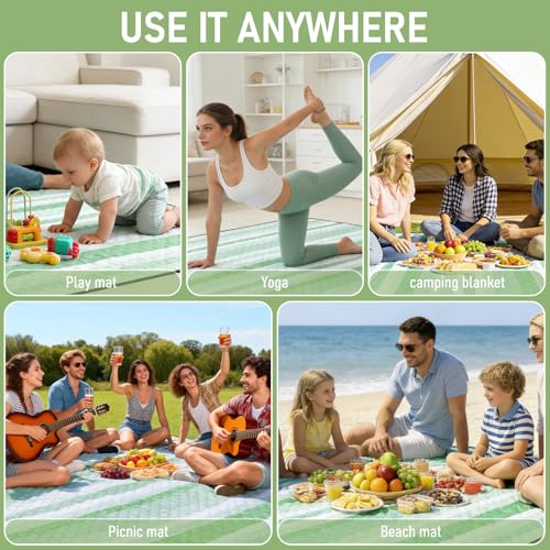 Big Picnic Blankets Beach Blanket Waterproof Sandproof, 80''x80'' Giant 5-Layer Outdoor Camping Blanket Rug Easily Foldable Picnic Mat for Grass, Hiking, Travel, Concerts, Indoor - color: Green