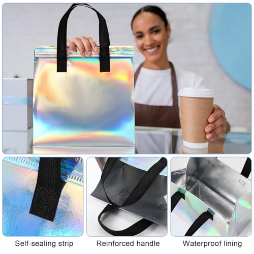 FoldTier 100 Pcs Iridescent Insulated Bag Bulk for Food Delivery Customized Thermal Insulation Take Away Bag for Hot Cold Coffee Milk Seafood Pizza Delivery for Grocery Catering Restaurant Beach Party