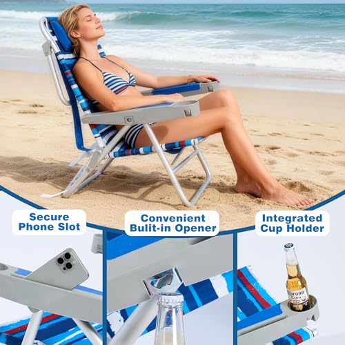 SUNNYFEEL Extra Wide Low Beach Chair 5 Position Lay Flat 500 LBS Heavy Duty, XL Oversized Portable Folding Camping Chairs with Cup Holder for Outdoor/Trip, Lightweight Backpack Beach Chair for Adults - color: Darkblue Stripe, size: 1-PACK