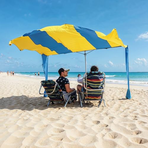 Shark FIN Shade Beach Tent Wind Sun Canopy Portable Easy Set Up UPF 50+ No Assembly Required 3-30 MPH - 1 to 8 People - Tie Downs Included - 2 Sizes Large 9' X 10' & Giant 13.5' X 10' PATENTS Pending - color: Large Blue and Yellow