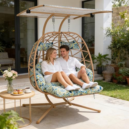Double Egg Chair Outdoor with Stand & Canopy,Hanging Loveseat Hammock Swing Chair with Leg Rests & UV Resistant Cushion,Patio Swinging Chair,600LBS Capacity for Bedroom Balcony Garden - color: Double Chair & Footrest & Canopy, size: Yellow Frame & Floral