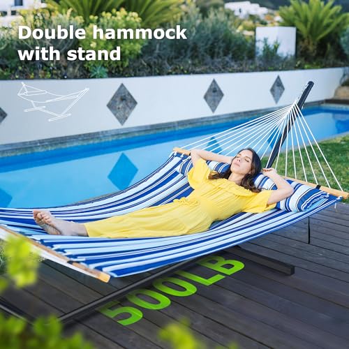 ANAGOO Double Hammock with Stand, Heavy Duty Outdoor Hammock for Two, 500 LBS Capacity, Stable Steel Frame with Balance Strap, Easy Tool-Free Assembly for Patio, Garden, Backyard & Beach,Blue - color: Blue(with Stand)
