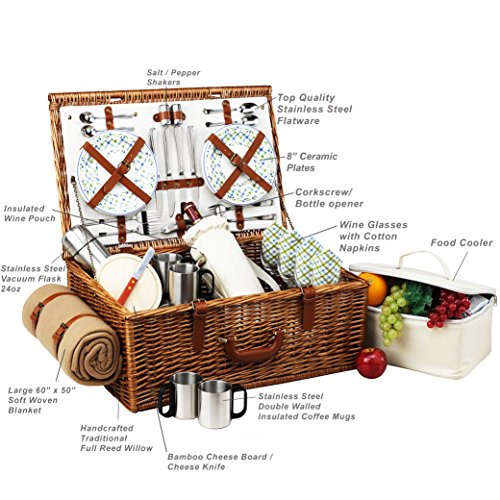 Picnic at Ascot Dorset English-Style Willow Picnic Basket with Service for 4, Coffee Set and Blanket- Designed, Assembled & Quality Approved in the USA - color: Wicker With Gazebo Plates/Napkins