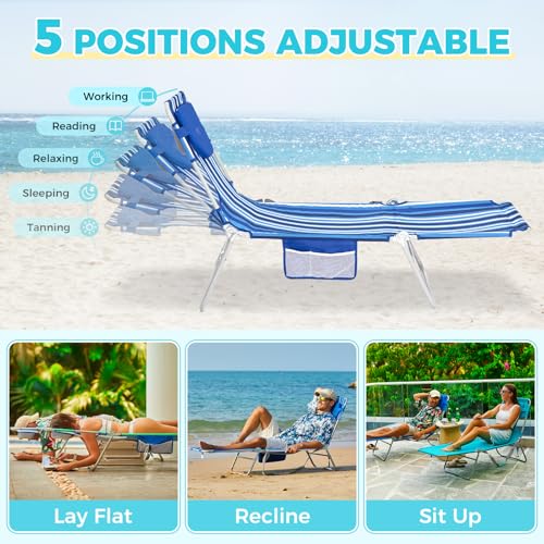 #WEJOY Folding Tanning Chair with Face Hole, 5 Positions Face Down Beach Lounge Chairs with Pillow for Outside Sunbathing Poolside (Blue/White) - color: Readease-face Hole Darkblue/White, style: ReadEase 5 Position Face Hole