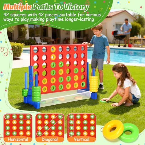 GADFISH Giant 4 in A Row - 2.6 FT Tall Outdoor 4 in A Row Perfect for Indoor & Outdoor Use, 4-to-Score Giant Game Set for Kids & Adults, with 42 Jumbo Rings & Quick-Release Slider (Red & Blue) - color: Red & Blue