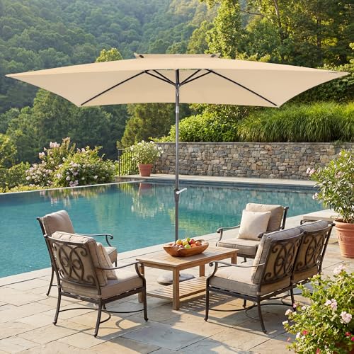 6.6 x 10 ft Rectangular Patio Umbrella, Outdoor Market Table Umbrella with Push Button Tilt and Crank, Double-Tier Vent, 6 Ribs, Rectangle Patio Umbrella for Backyard, Deck, Pool, Fits 4–6 Chairs and Tables (Beige) - color: Beige