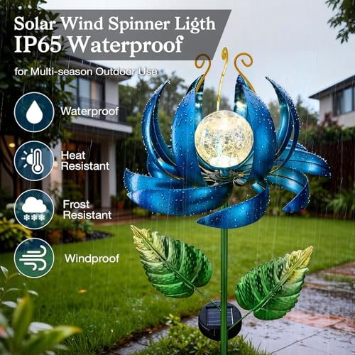 Solar Yard Lights Wind Spinners- Metal Lotus Flower Garden Decor LED Crackle Glass Globe Yard Art Sculpture Solar Stake Lights for Patio Pathway Lawn Walkway (Blue-Large) - color: Blue-large