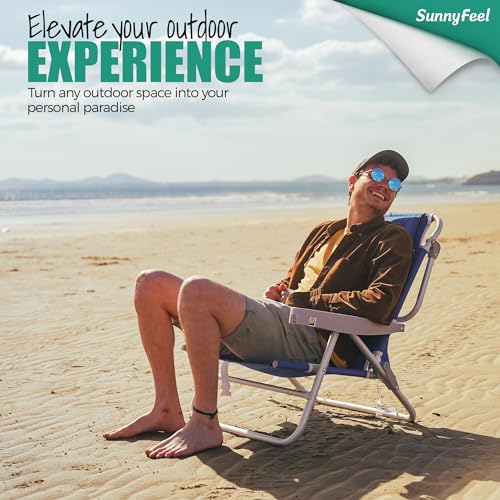 SUNNYFEEL Extra Wide 28" Low Beach Chair 5 Position Lay Flat, XL Oversized Portable Folding Camping Chairs with Cup Holder for Outdoor/Trip, Lightweight Foldable Backpack Beach Chair for Adults - color: Blue Wave, size: 1-PACK