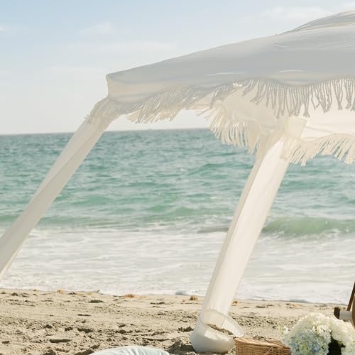 AMMSUN Beach Cabana with Beach Blanket, 7' x 7' Boho Canopy with Tassels, Premium Wood Pole, Fringe Cabana Tent with Sand Pockets, Instant Sun Shade for Sand, Garden, Outdoor, Elegant White - color: Elegant White with Beach Blanket