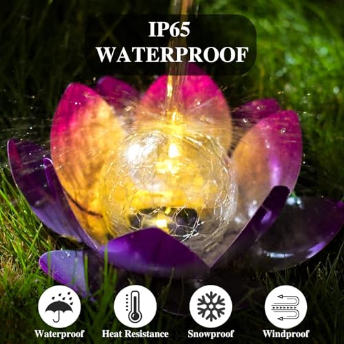 AIINY Solar Light Outdoor(2Pack), Art Crackle Globe Glass Lotus Decoration, Solar LED Waterproof Purple Metal Flower Lights for Patio,Lawn,Walkway,Tabletop - color: Purple