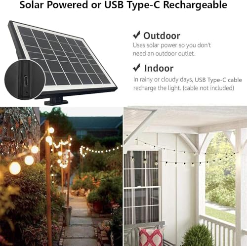 SUNTHIN 100ft Solar String Lights, USB Rechargeable Solar Outdoor Lights with 48 Waterproof & Shatterproof G40 LED Bulbs for Patio, Porch, Garden, Deck, Bistro, Cafe, Camping - size: 100 Feet