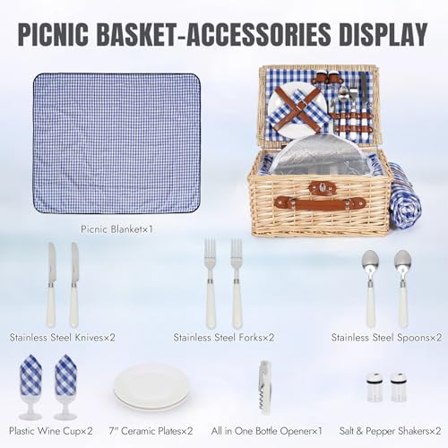 HappyPicnic Picnic Basket Set for 2 - Wicker Picnic Basket with Waterproof Blanket & Insulated Liner, Large Handmade Willow Hamper with Cutlery Kit for Outdoor, Picnic, Camping, Party, Holidays (Blue) - color: Blue