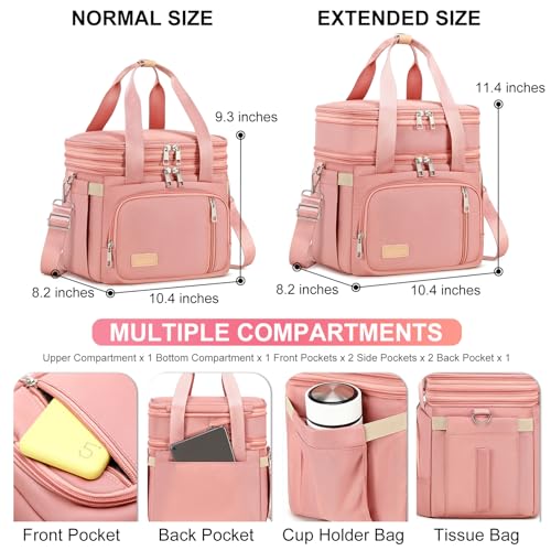 MAPLELILY Lunch Box for Men Women - Double Deck Insulated Lunch Bag, Large Leak Proof Tote Cooler, Wide Open Dual Compartment Lunch Bags with Shoulder Strap, For Work Picnic Hiking Beach, Pink - color: Pink