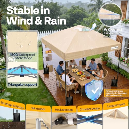 VIVOHOME 10x10ft Pop Up Canopy Tent with Sidewall and 6 Pockets, One Push Setup Outdoor Portable Shelter Tent Heavy Duty with Wheel Carry Bag and 4 Sandbags, Beige - color: Beige