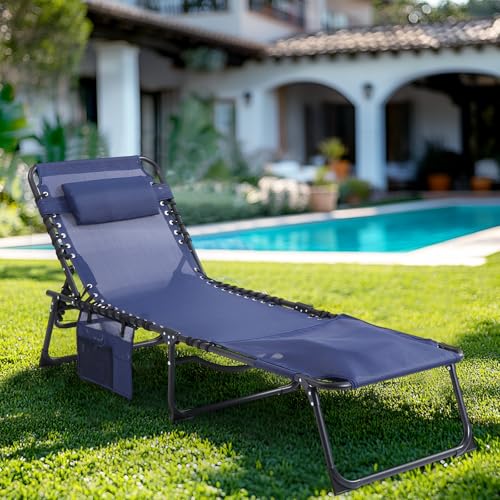 Unovivy Tanning Chairs with Face Hole Set of 2, Patio Lounge Chairs with 5-Position Reclining Back, Portable Folding Outdoor Lounge Chair for Sunbathing, Pool, Patio, Camping - color: Blue